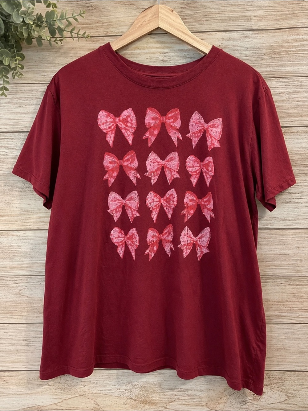PositiviTees Burgundy Pink Bow Graphic T-Shirt XXL Coquette Cute Casual